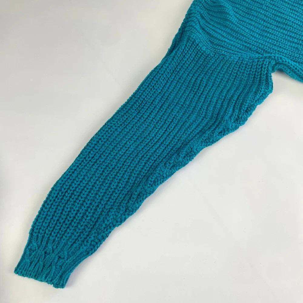 90s Cardigan Sweater Women Oversized Medium Chunky‎ Knit Ramie Cotton Teal Blue